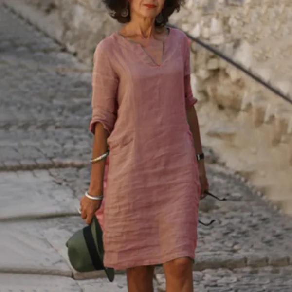 Vintage Women Cotton Linen Dress V-Neck Casual Holiday Mini Outfit - Image 3