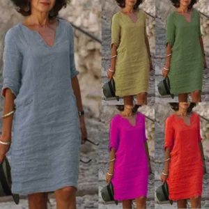 Vintage Women Cotton Linen Dress V-Neck Casual Holiday Mini Outfit