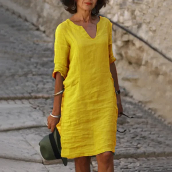 Vintage Women Cotton Linen Dress V-Neck Casual Holiday Mini Outfit - Image 2