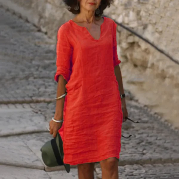 Vintage Women Cotton Linen Dress V-Neck Casual Holiday Mini Outfit - Image 6