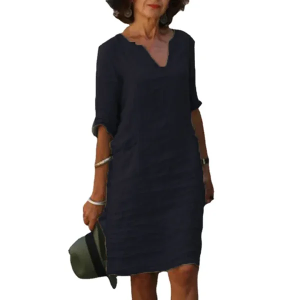 Vintage Women Cotton Linen Dress V-Neck Casual Holiday Mini Outfit - Image 5
