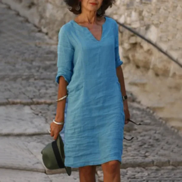 Vintage Women Cotton Linen Dress V-Neck Casual Holiday Mini Outfit - Image 4
