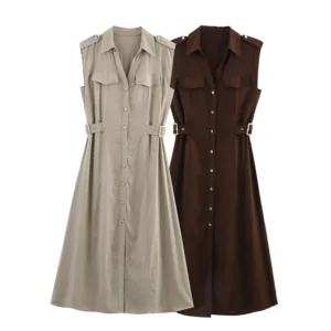 Women Summer V-Neck Linen Shirt Dress With Pockets Buttons Casual Elegant