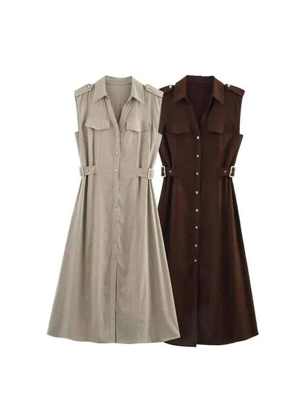Women Summer V-Neck Linen Shirt Dress With Pockets Buttons Casual Elegant