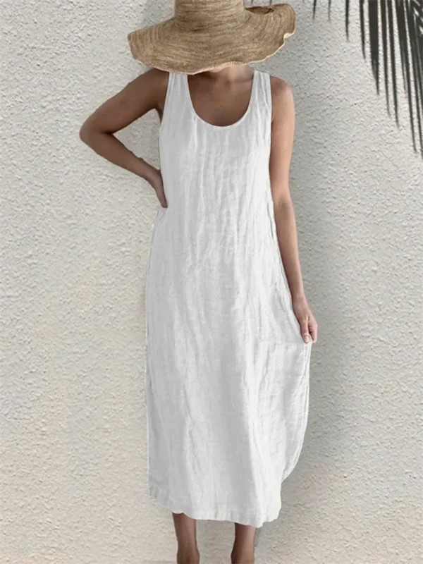 Women’s Cotton Linen Sleeveless Solid Pocket Dress Summer 2025 - Image 2