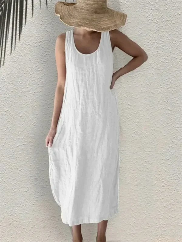 Women’s Cotton Linen Sleeveless Solid Pocket Dress Summer 2025 - Image 5