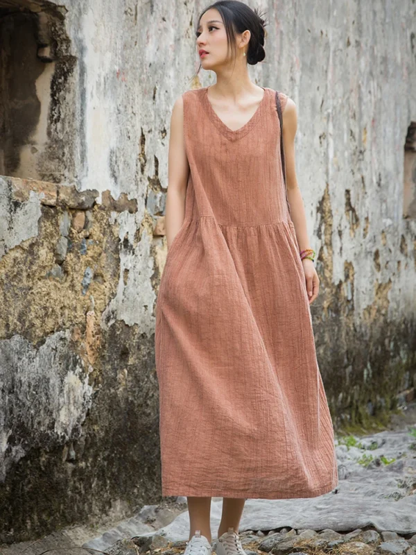 Summer Cotton Linen V-Neck Tie Dye Vintage Loose Long Dress - Image 3