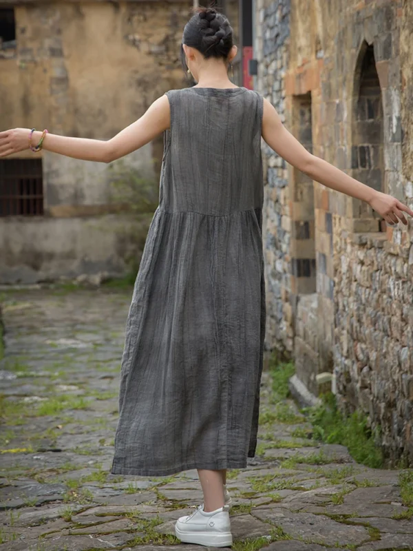 Summer Cotton Linen V-Neck Tie Dye Vintage Loose Long Dress - Image 6