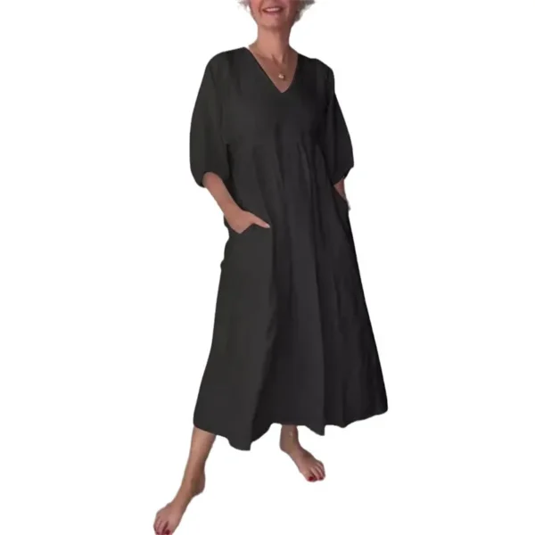 Spring Summer Cotton Linen V-Neck Pleated Casual Pocket Dress - Image 4
