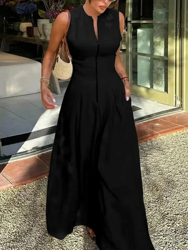 Office Lady Pleated A-Line Sleeveless Zipper Summer Maxi Dress - Image 6