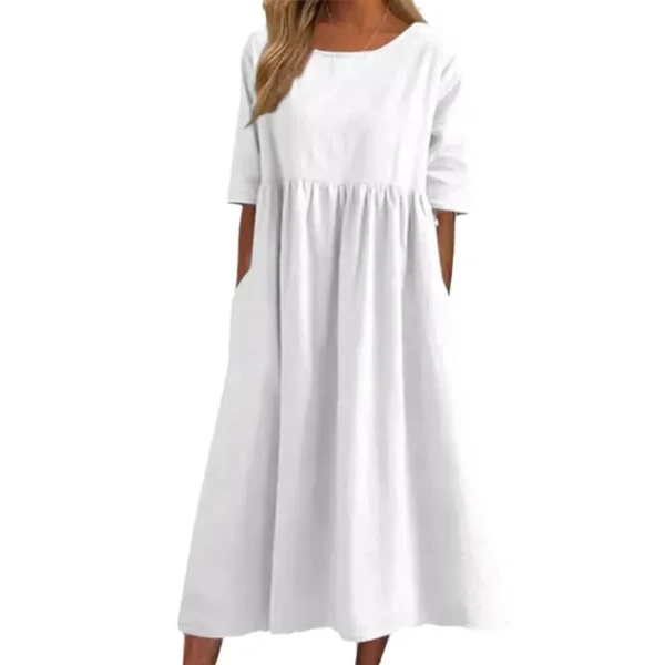 Summer Cotton Linen Loose Pocket Dress With Short Sleeves - Image 4