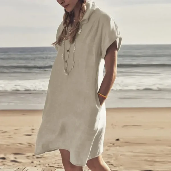 Plus Size Cotton Linen Summer Button Dress With Lapel Pockets - Image 2