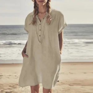 Plus Size Cotton Linen Summer Button Dress With Lapel Pockets