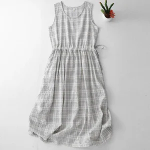 Cotton Linen Plaid Dress Korean Fashion Summer Casual Medium-Length