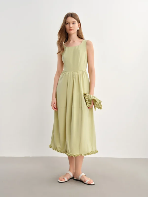 A-Line Cotton Linen Dress With Waist Contour & Adjustable Shoulder Straps - Image 2