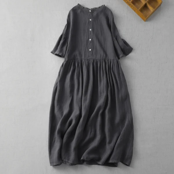 Japanese Style Black Cotton Linen Vintage Dress Summer Loose Ruffles - Image 2