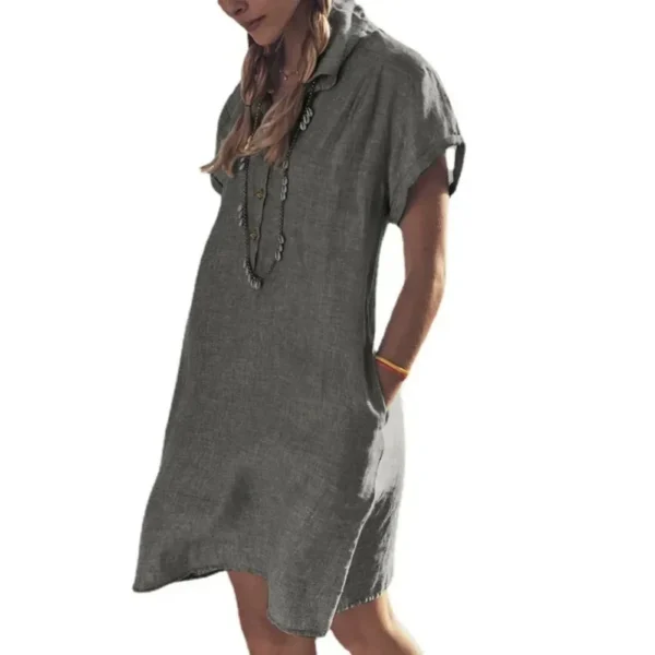Plus Size Cotton Linen Summer Button Dress With Lapel Pockets - Image 6