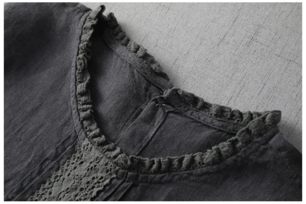 Japanese Style Black Cotton Linen Vintage Dress Summer Loose Ruffles - Image 3
