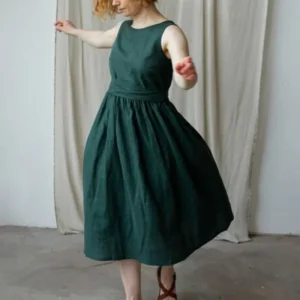 Elegant Backless Linen Sundress With Belt Summer Sleeveless Dress