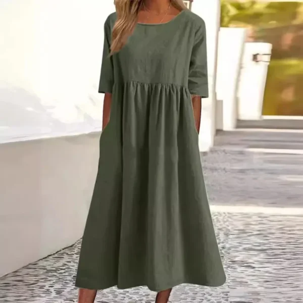 Summer Cotton Linen Loose Pocket Dress With Short Sleeves - Image 3