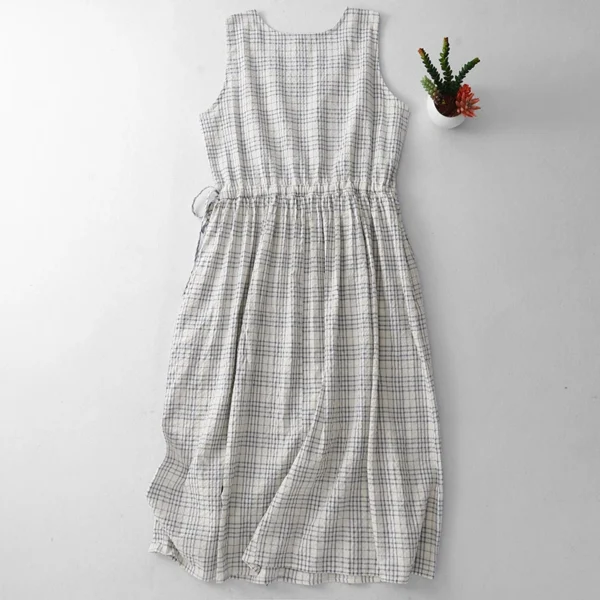 Cotton Linen Plaid Dress Korean Fashion Summer Casual Medium-Length - Image 2