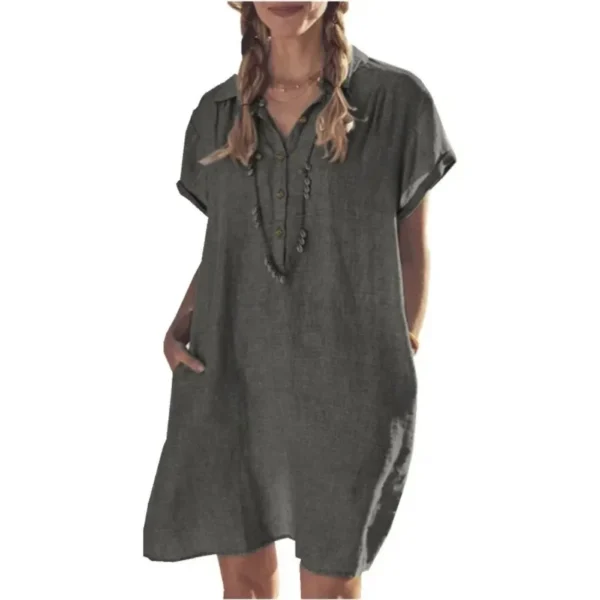 Plus Size Cotton Linen Summer Button Dress With Lapel Pockets - Image 5
