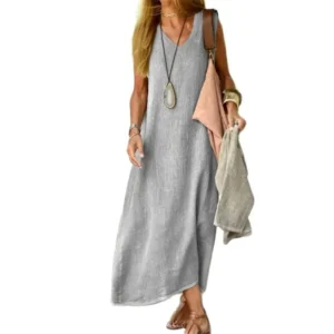 Summer Sleeveless Cotton Linen V-Neck Casual Long Pullover Dress