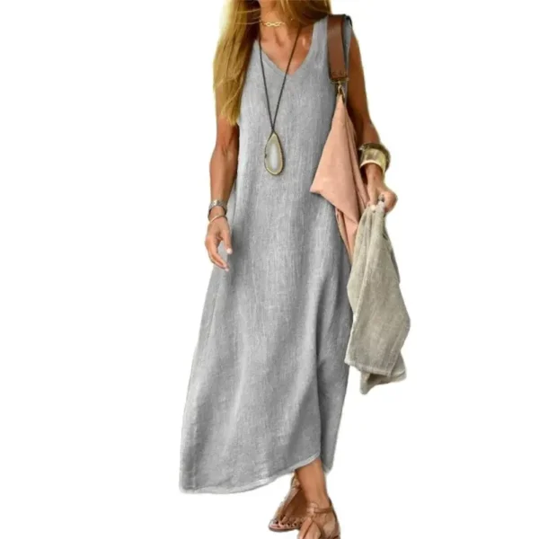 Summer Sleeveless Cotton Linen V-Neck Casual Long Pullover Dress
