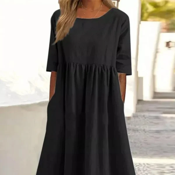 Summer Cotton Linen Loose Pocket Dress With Short Sleeves - Image 5