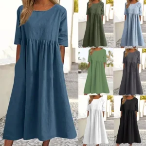 Summer Cotton Linen Loose Pocket Dress With Short Sleeves
