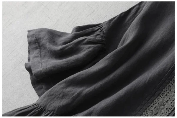 Japanese Style Black Cotton Linen Vintage Dress Summer Loose Ruffles - Image 5