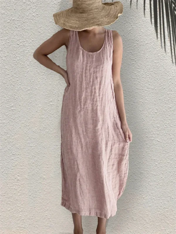 Women’s Cotton Linen Sleeveless Solid Pocket Dress Summer 2025 - Image 4