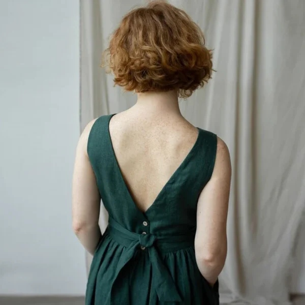 Elegant Backless Linen Sundress With Belt Summer Sleeveless Dress - Image 4