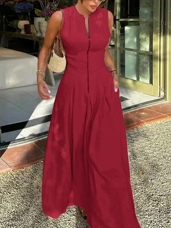 Office Lady Pleated A-Line Sleeveless Zipper Summer Maxi Dress - Image 5