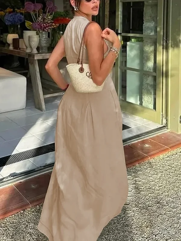 Office Lady Pleated A-Line Sleeveless Zipper Summer Maxi Dress - Image 4