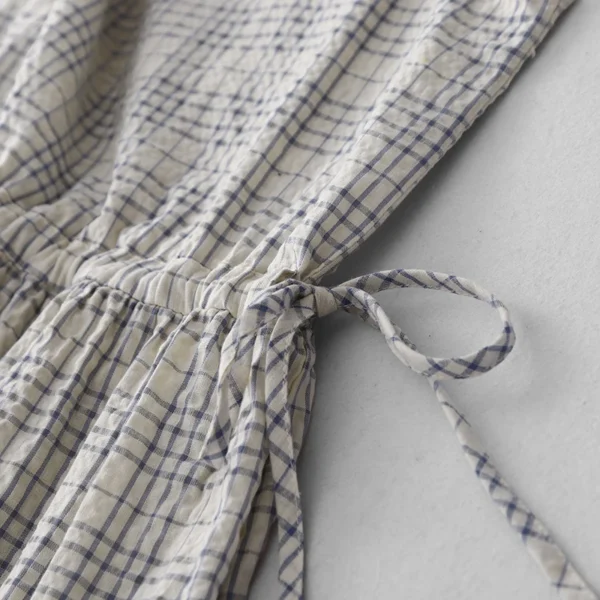 Cotton Linen Plaid Dress Korean Fashion Summer Casual Medium-Length - Image 4