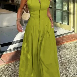 Office Lady Pleated A-Line Sleeveless Zipper Summer Maxi Dress