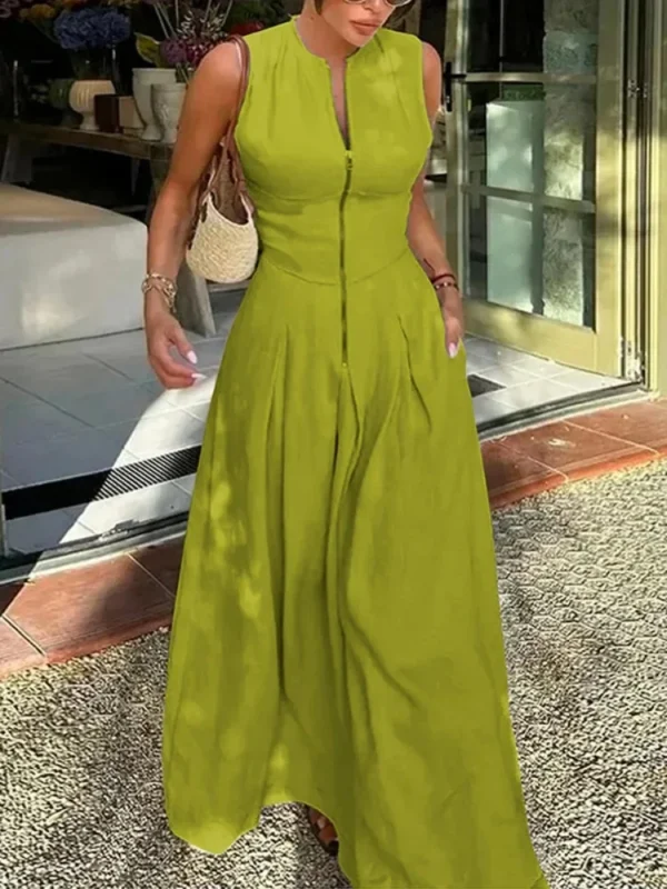 Office Lady Pleated A-Line Sleeveless Zipper Summer Maxi Dress