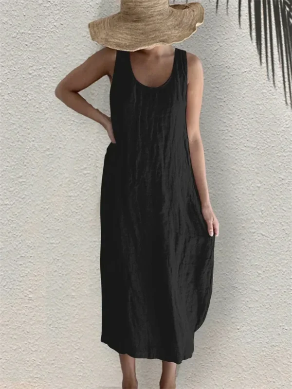 Women’s Cotton Linen Sleeveless Solid Pocket Dress Summer 2025 - Image 3