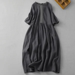 Japanese Style Black Cotton Linen Vintage Dress Summer Loose Ruffles