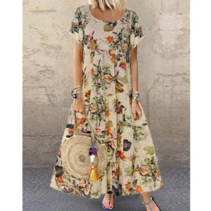 Summer Floral Print O-Neck Loose Long Dress Plus Size Women