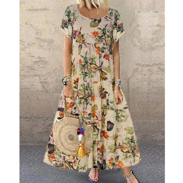 Summer Floral Print O-Neck Loose Long Dress Plus Size Women