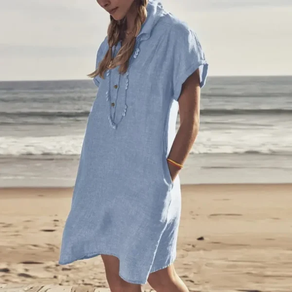 Plus Size Cotton Linen Summer Button Dress With Lapel Pockets - Image 4