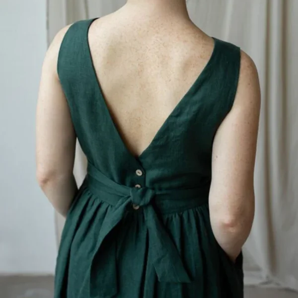 Elegant Backless Linen Sundress With Belt Summer Sleeveless Dress - Image 5