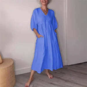 Spring Summer Cotton Linen V-Neck Pleated Casual Pocket Dress