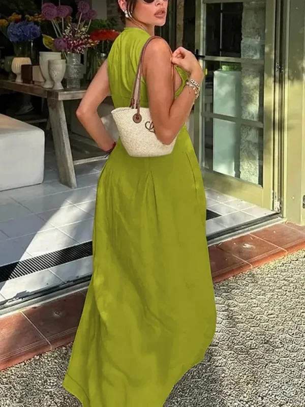 Office Lady Pleated A-Line Sleeveless Zipper Summer Maxi Dress - Image 2