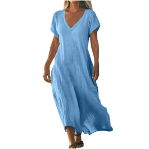 Women's Cotton Linen V-Neck Maxi Dress Casual Loose Beach Holiday