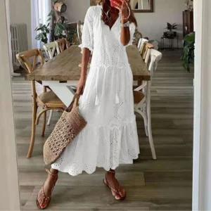 Women’s Boho White Cotton Linen Lace Dress Summer Beach Wear