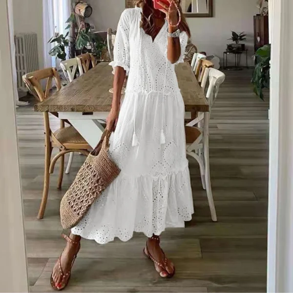 Women’s Boho White Cotton Linen Lace Dress Summer Beach Wear