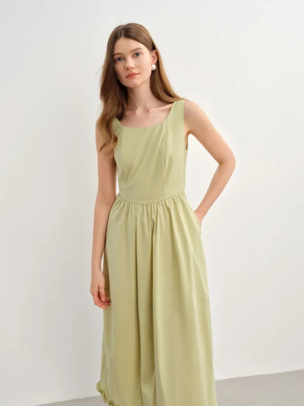 A-Line Cotton Linen Dress With Waist Contour & Adjustable Shoulder Straps - Image 3